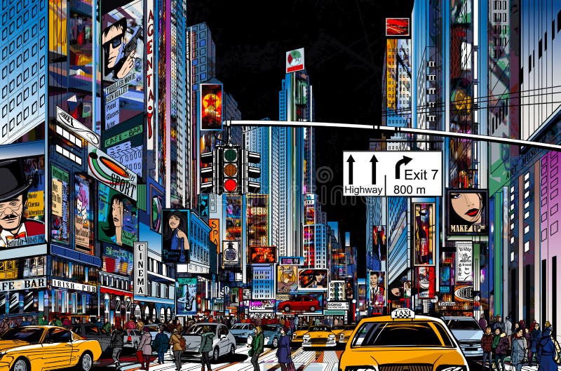Vector Illustration of a street in New York city at night. Vector Illustration of a street in New York city at night