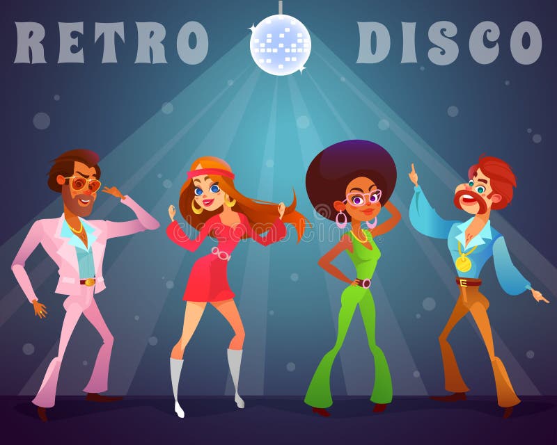 Vector иллюстрация шаржа ретро человека и женщины в клубе диско бесплатная иллюстрация
