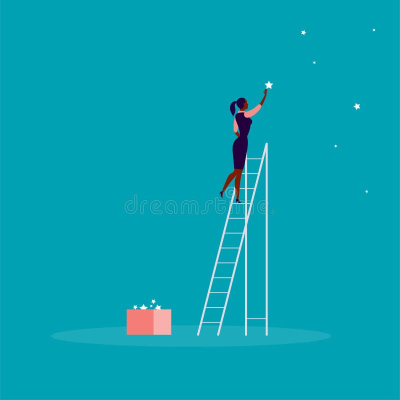 Vector иллюстрация концепции дела при дама дела стоя на лестницах и достигая звезду на небе background card congratulation invita иллюстрация штока Vector иллюстрация концепции дела при дама дела стоя на лестницах и достигая звезду на небе background card congratulation invita иллюстрация штока