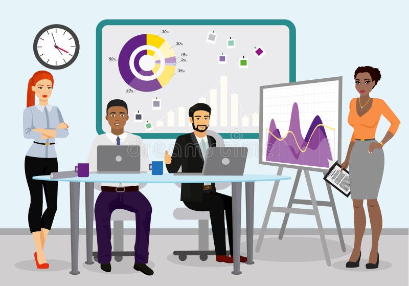Vector иллюстрация менеджеров команды дела работая совместно бизнесмен водя представление во время встречи иллюстрация штока Vector иллюстрация менеджеров команды дела работая совместно бизнесмен водя представление во время встречи иллюстрация штока