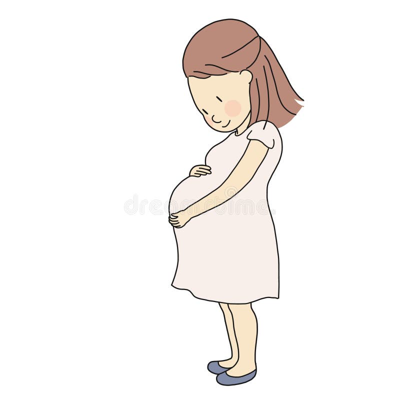 Vector illustration of happy pregnant woman touching, looking, feeling new baby in big belly. Family, pregnancy, maternity, motherhood concept. Cartoon character drawing. Vector illustration of happy pregnant woman touching, looking, feeling new baby in big belly. Family, pregnancy, maternity, motherhood concept. Cartoon character drawing.