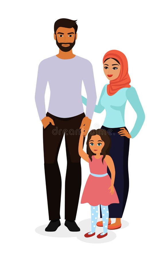 Vector иллюстрация счастливой и красивой арабской семьи Мать в hijab, отец и дочь в плоском стиле шаржа бесплатная иллюстрация