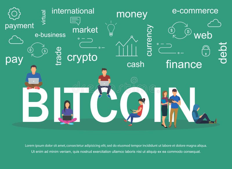 Vector иллюстрация текста Bitcoin при молодые люди используя компьтер-книжки и smartphones иллюстрация вектора