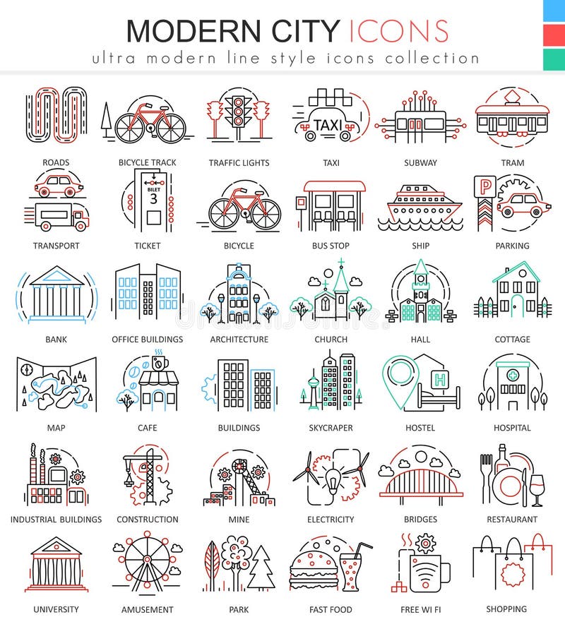 Vector линия значки современного цвета города плоская плана для apps и веб-дизайна Городские умные значки элементов города бесплатная иллюстрация Vector линия значки современного цвета города плоская плана для apps и веб-дизайна Городские умные значки элементов города бесплатная иллюстрация