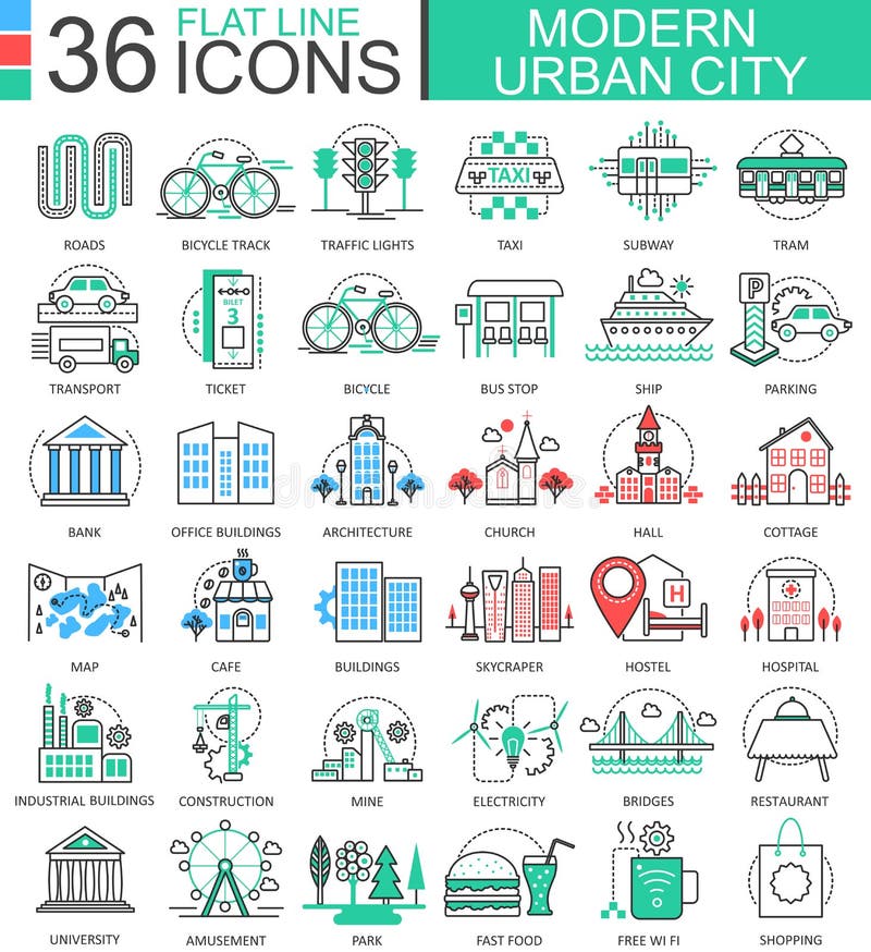 Vector линия значки современного цвета города плоская плана для apps и веб-дизайна элементы города урбанские бесплатная иллюстрация Vector линия значки современного цвета города плоская плана для apps и веб-дизайна элементы города урбанские бесплатная иллюстрация