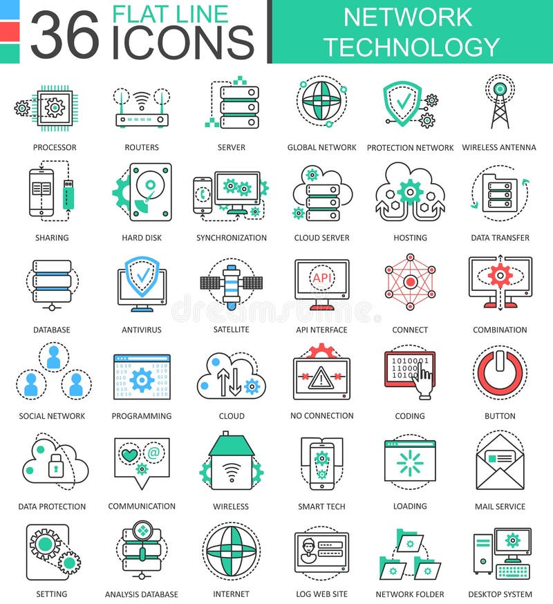 Vector линия значки современного цвета технологии сети плоская плана для apps и веб-дизайна бесплатная иллюстрация Vector линия значки современного цвета технологии сети плоская плана для apps и веб-дизайна бесплатная иллюстрация