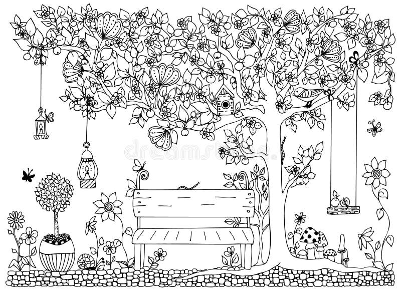 Vector парк zentangle иллюстрации, сад, весна: bench, дерево с яблоками, цветками, качанием, doodle, zenart, dudling иллюстрация вектора Vector парк zentangle иллюстрации, сад, весна: bench, дерево с яблоками, цветками, качанием, doodle, zenart, dudling иллюстрация вектора