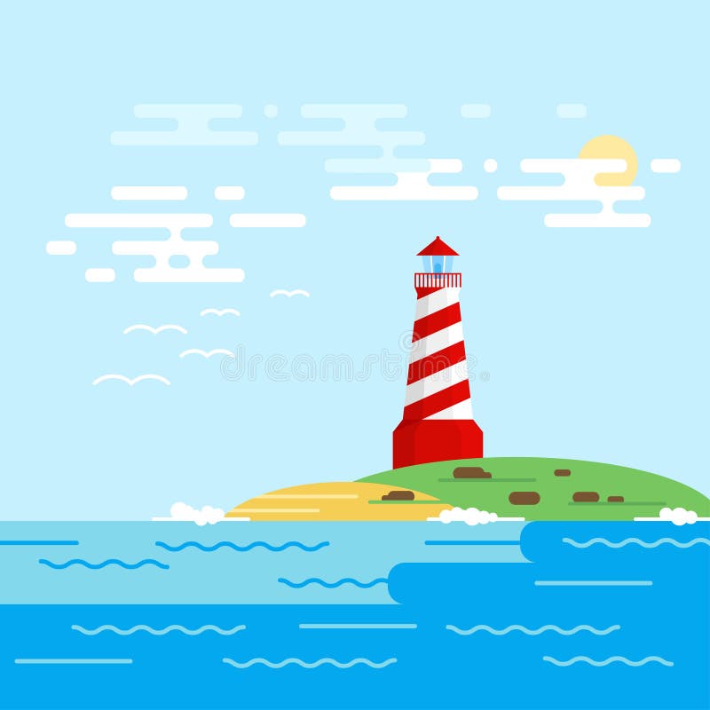 Vector предпосылка с маяком, морем, волнами в дневном времени иллюстрация штока Vector предпосылка с маяком, морем, волнами в дневном времени иллюстрация штока