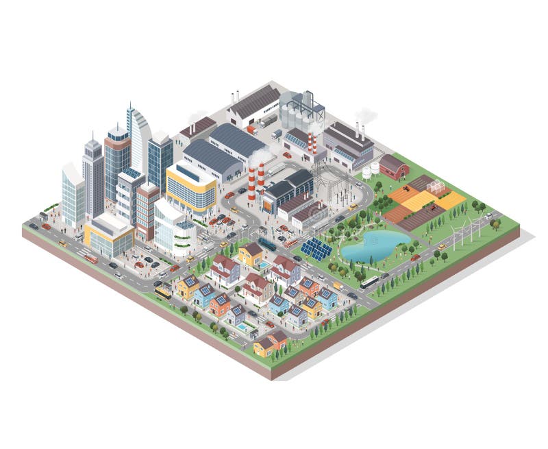Vector isometric contemporary eco city with buildings, streets, people and vehicles: commercial area, residential district, industrial park, farm and natural area. Vector isometric contemporary eco city with buildings, streets, people and vehicles: commercial area, residential district, industrial park, farm and natural area