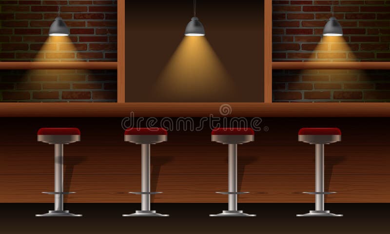 Vector реалистический бар, интерьер паба с кирпичными стенами, деревянная стойка, стулья, полки и лампы с лучем иллюстрация штока Vector реалистический бар, интерьер паба с кирпичными стенами, деревянная стойка, стулья, полки и лампы с лучем иллюстрация штока