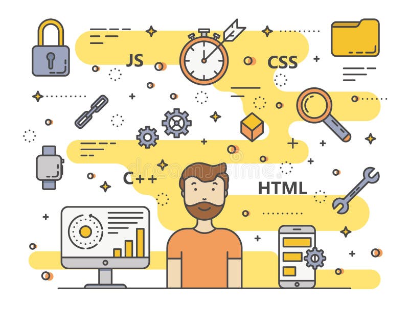 Vector тонкая линия плоское развитие сети дизайна, программируя знамя концепции иллюстрация вектора Vector тонкая линия плоское развитие сети дизайна, программируя знамя концепции иллюстрация вектора