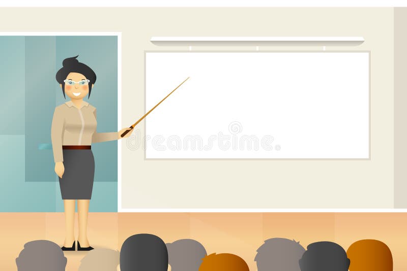 Vector характер учителя женщины стоя близко whiteboard в классе, плоский стиль иллюстрация вектора