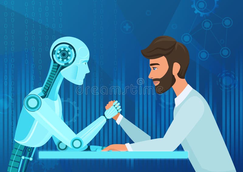 Vector человек менеджера офиса бизнесмена шаржа человеческий против конкуренции вытягивая веревочки искусственного интеллекта роб иллюстрация вектора Vector человек менеджера офиса бизнесмена шаржа человеческий против конкуренции вытягивая веревочки искусственного интеллекта роб иллюстрация вектора