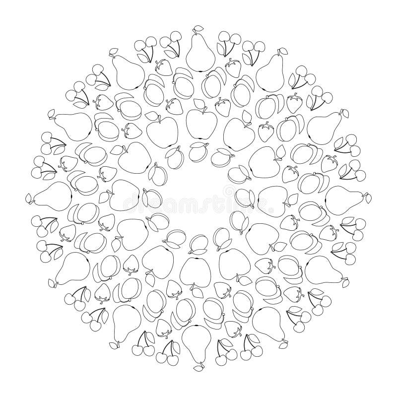 Vector черно-белая fruity мандала с яблоком, грушей, абрикосом, вишней, сливой и клубникой - взрослой страницей книжка-раскраски бесплатная иллюстрация Vector черно-белая fruity мандала с яблоком, грушей, абрикосом, вишней, сливой и клубникой - взрослой страницей книжка-раскраски бесплатная иллюстрация