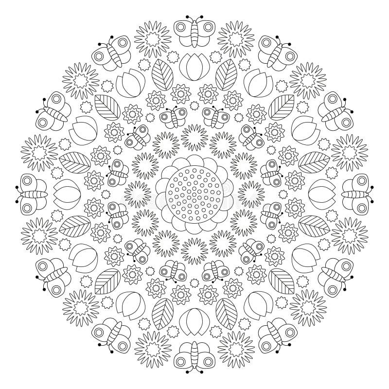 Vector черно-белая мандала весны с бабочками, цветками, листьями, тюльпанами - взрослой страницей книжка-раскраски иллюстрация штока Vector черно-белая мандала весны с бабочками, цветками, листьями, тюльпанами - взрослой страницей книжка-раскраски иллюстрация штока