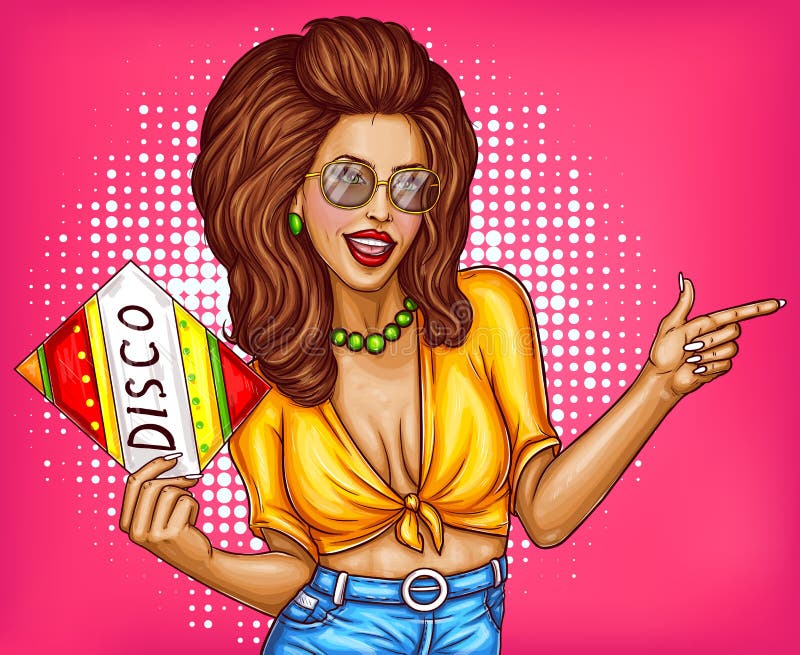 Vector штырь вверх по женщине диско в стеклах моды при сочный hairdo, держа тональнозвуковой диск Иллюстрация концепции танцора и иллюстрация штока