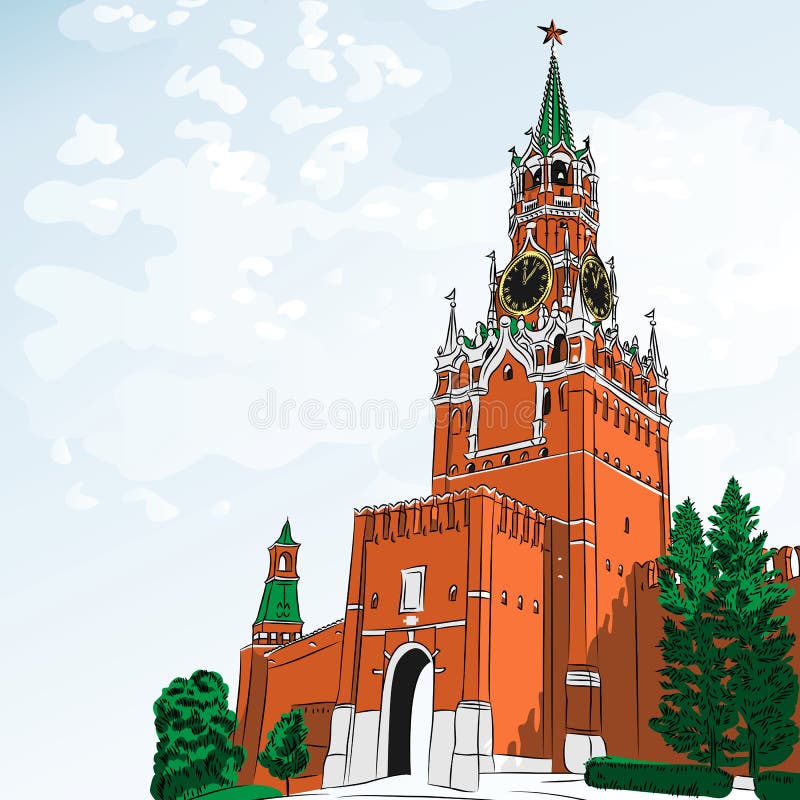 Vector Spasskaya Tower of the Moscow Kremlin, Russia, View from Red Square. Vector Spasskaya Tower of the Moscow Kremlin, Russia, View from Red Square