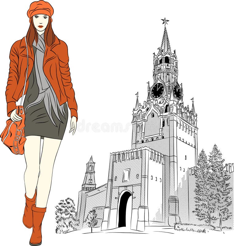 Vector lovely fashion girl in red warm clothes on the background of Moscow Kremlin, Russia. Vector lovely fashion girl in red warm clothes on the background of Moscow Kremlin, Russia