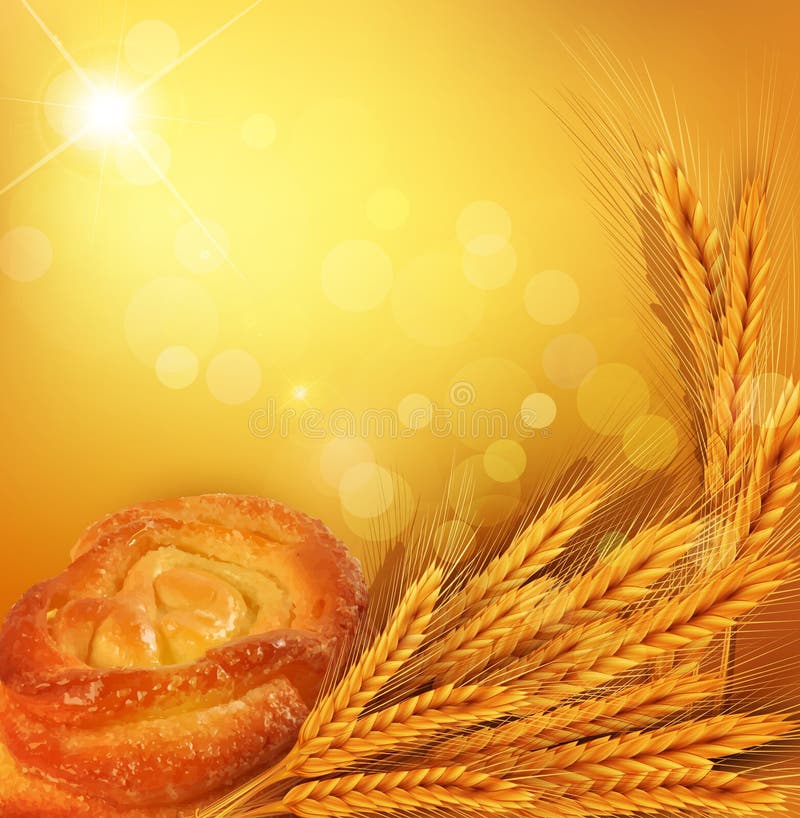 Vectorachtergrond met gouden oren van tarwe, broodje, su stock illustratie Vectorachtergrond met gouden oren van tarwe, broodje, su stock illustratie