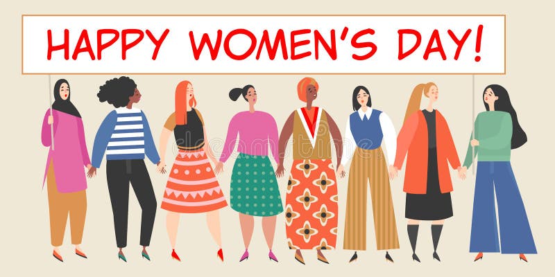 Vectorbanner met een groep vrouwen die een groot aanplakbiljet met gelukwensen houden aan de Dag van de Internationale Vrouwen stock illustratie Vectorbanner met een groep vrouwen die een groot aanplakbiljet met gelukwensen houden aan de Dag van de Internationale Vrouwen stock illustratie