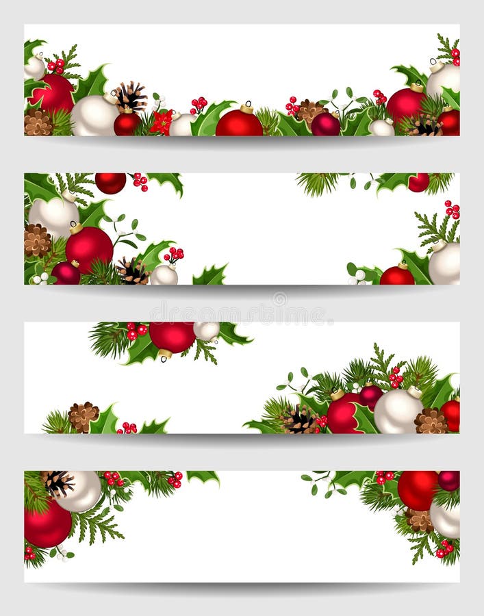 Vectorbanners met rode, witte en groene Kerstmisdecoratie stock illustratie Vectorbanners met rode, witte en groene Kerstmisdecoratie stock illustratie