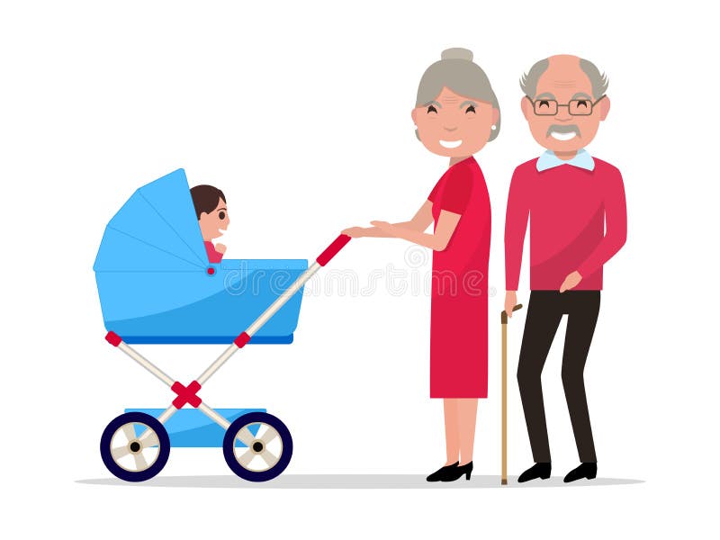 Vector cartoon grootouders met een kinderwagen, een peuter royalty-vrije illustratie