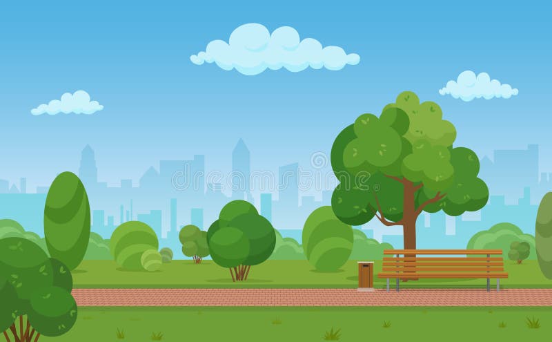 Vectorbeeldverhaalillustratie van een modern leeg stadspark met de achtergrond van wolkenkrabbersgebouwen Vectorbeeldverhaalillustratie van een modern leeg stadspark met de achtergrond van wolkenkrabbersgebouwen