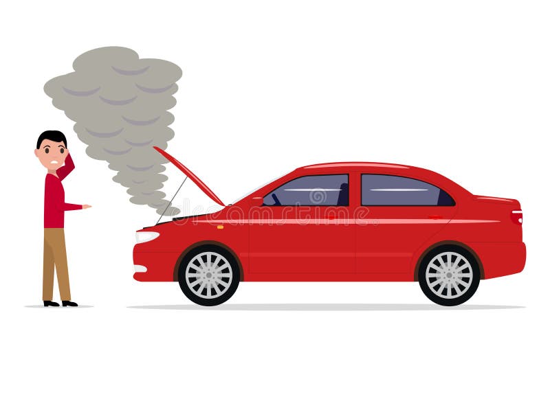 Vector cartoon man staand met een kapotte auto royalty-vrije illustratie