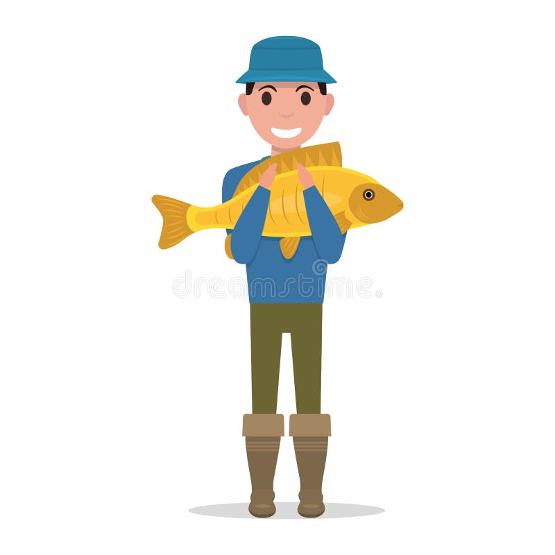 Vector cartoon van een visser die een vis vasthoudt vector illustratie