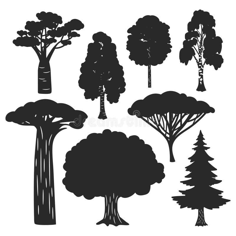 Vectorbomen bos zwarte die silhouetten op witte achtergrond worden geïsoleerd stock illustratie Vectorbomen bos zwarte die silhouetten op witte achtergrond worden geïsoleerd stock illustratie