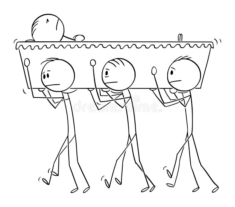 Vectorcartoon illustratie van groep mannen die doodskist vervoeren tijdens begrafenis of begrafenisceremonie
