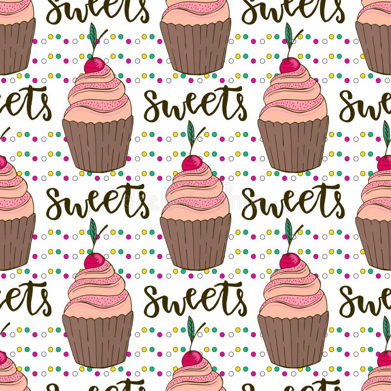 Vectorcupcakes naadloos patroon Krabbelachtergrond met snoepjescakes De decoratie van de verjaardag vector illustratie Vectorcupcakes naadloos patroon Krabbelachtergrond met snoepjescakes De decoratie van de verjaardag vector illustratie