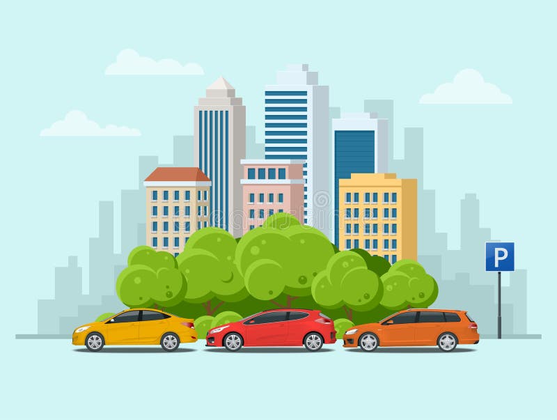 Vectordieconceptenauto's in het parkeerterrein langs stadsstraat worden geparkeerd met groene bomen Stedelijk Landschap royalty-vrije illustratie Vectordieconceptenauto's in het parkeerterrein langs stadsstraat worden geparkeerd met groene bomen Stedelijk Landschap royalty-vrije illustratie