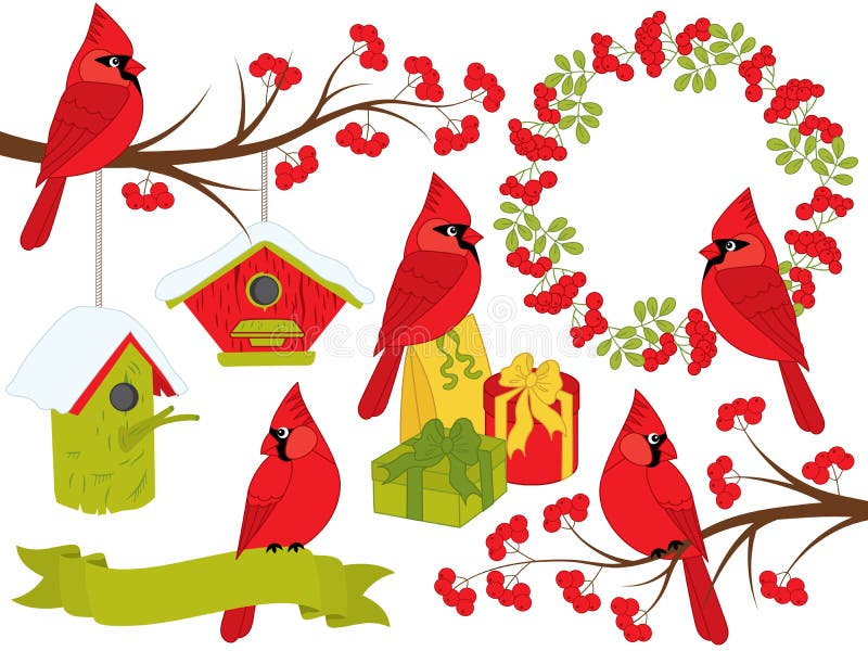VectordieKerstmis en Nieuwjaar met Kardinalen en de Winterelementen wordt geplaatst royalty-vrije illustratie VectordieKerstmis en Nieuwjaar met Kardinalen en de Winterelementen wordt geplaatst royalty-vrije illustratie