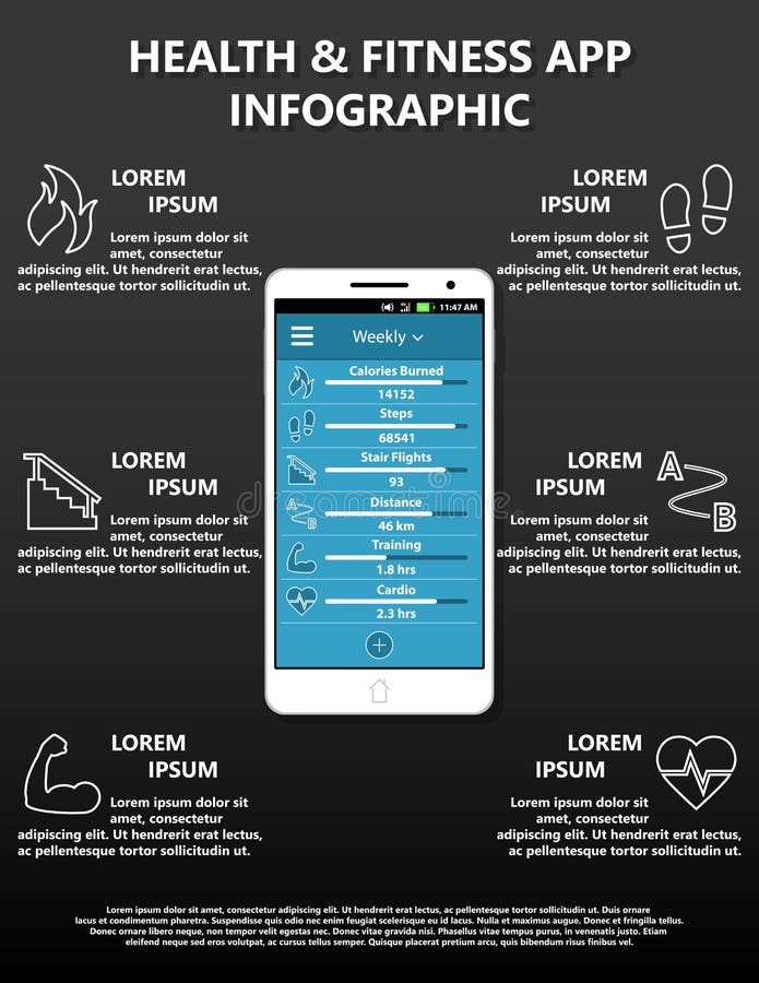 Vectorgezondheid en Geschiktheids Slimme Telefoontoepassing Infographic die Zes Drijvers kenmerken vector illustratie Vectorgezondheid en Geschiktheids Slimme Telefoontoepassing Infographic die Zes Drijvers kenmerken vector illustratie