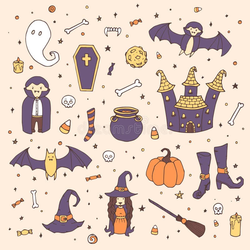 Vectorhalloween plaatste met pompoenen, spoken, vampier, heks, hoed, bezem, ketel, huis, knuppels, beenderen, schedels en suikerg royalty-vrije illustratie Vectorhalloween plaatste met pompoenen, spoken, vampier, heks, hoed, bezem, ketel, huis, knuppels, beenderen, schedels en suikerg royalty-vrije illustratie