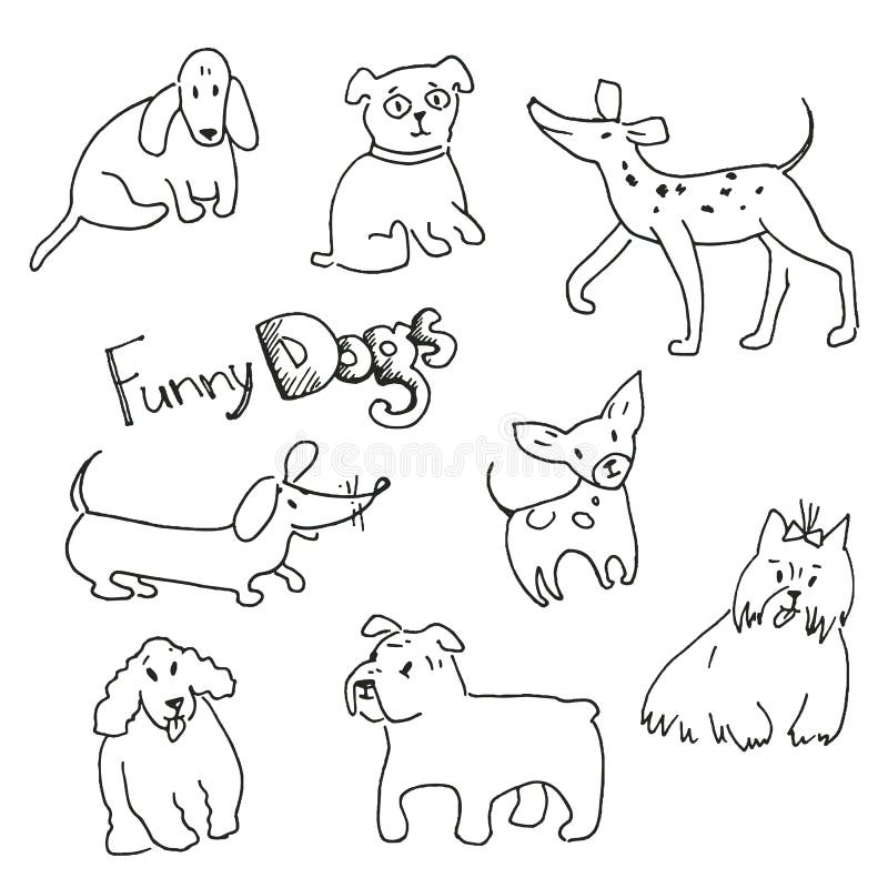 Vectorhand getrokken krabbelinzameling van grappige honden Verschillende bre stock illustratie Vectorhand getrokken krabbelinzameling van grappige honden Verschillende bre stock illustratie