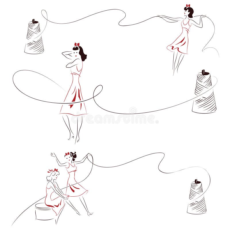 Vectorhand getrokken schets - Abstract meisje met een spoel van draad royalty-vrije illustratie Vectorhand getrokken schets - Abstract meisje met een spoel van draad royalty-vrije illustratie