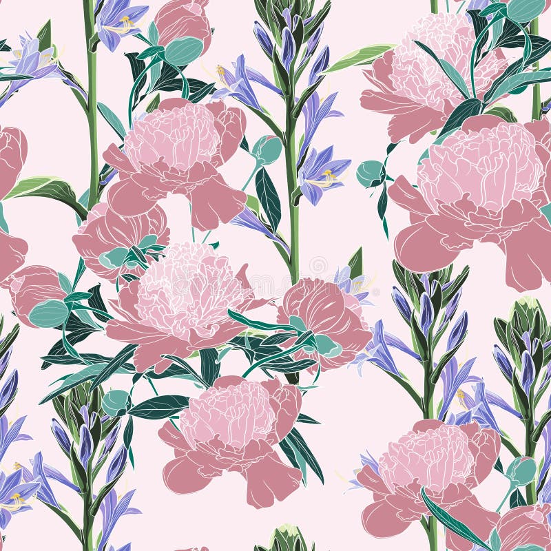 Vectorhand getrokken schetsillustratie van roze pioen en violet bloemen naadloos patroon stock illustratie Vectorhand getrokken schetsillustratie van roze pioen en violet bloemen naadloos patroon stock illustratie