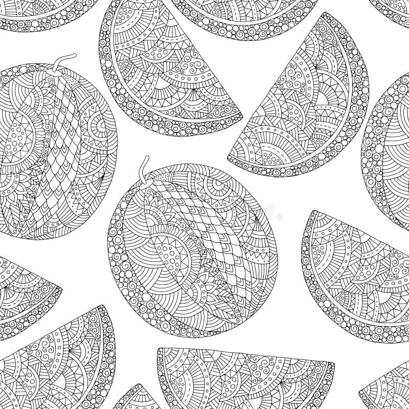 Vectorhand getrokken watermeloenillustratie voor volwassen kleurend boek Schets uit de vrije hand voor volwassen antispannings kl stock illustratie Vectorhand getrokken watermeloenillustratie voor volwassen kleurend boek Schets uit de vrije hand voor volwassen antispannings kl stock illustratie