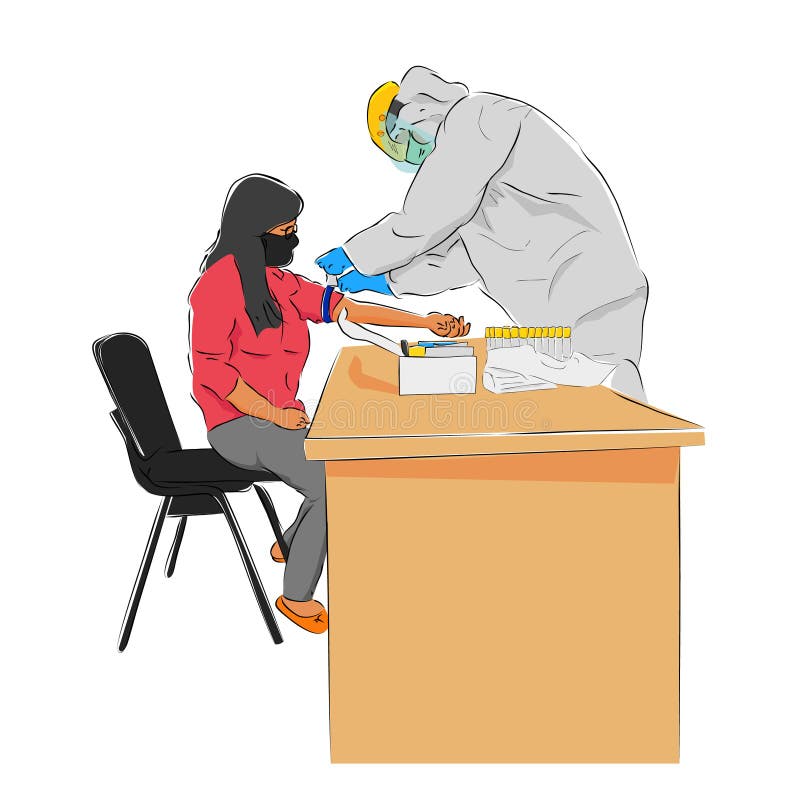 Vectorhandtekenschets voor staande arts of verpleegkundige gebruikt een hazelaar en een schild ter voorbereiding van een bloedtest