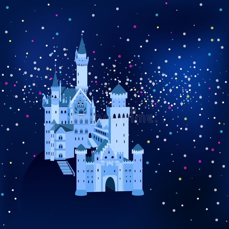 Vectorillustratie, Neuschwanstein-Kasteel in Duitsland bij nacht stock illustratie Vectorillustratie, Neuschwanstein-Kasteel in Duitsland bij nacht stock illustratie