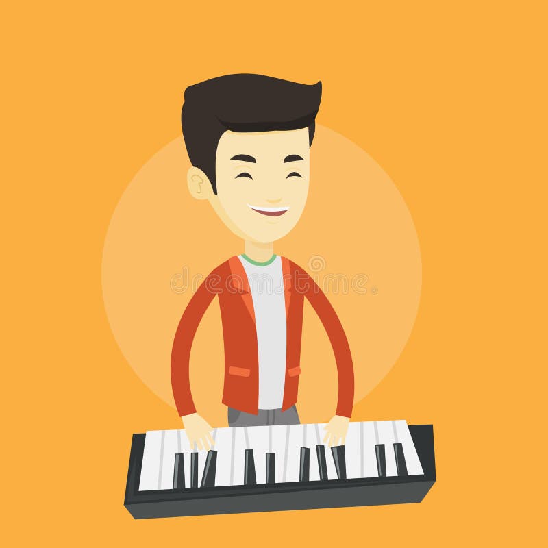 Asian pianist playing on synthesizer. Young smiling musician playing piano. Cheerful pianist playing upright piano. Vector flat design illustration. Square layout. Asian pianist playing on synthesizer. Young smiling musician playing piano. Cheerful pianist playing upright piano. Vector flat design illustration. Square layout.