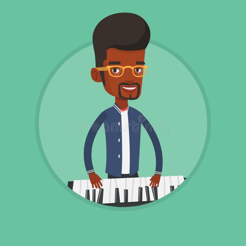 African-american male pianist playing on synthesizer. Young smiling musician playing piano. Pianist playing upright piano. Vector flat design illustration in the circle isolated on background. African-american male pianist playing on synthesizer. Young smiling musician playing piano. Pianist playing upright piano. Vector flat design illustration in the circle isolated on background.