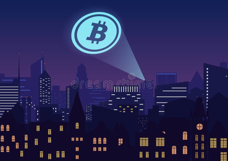 Vectorillustratie van een Bitcoin cryptocurrency projector in de stad 's nachts vector illustratie