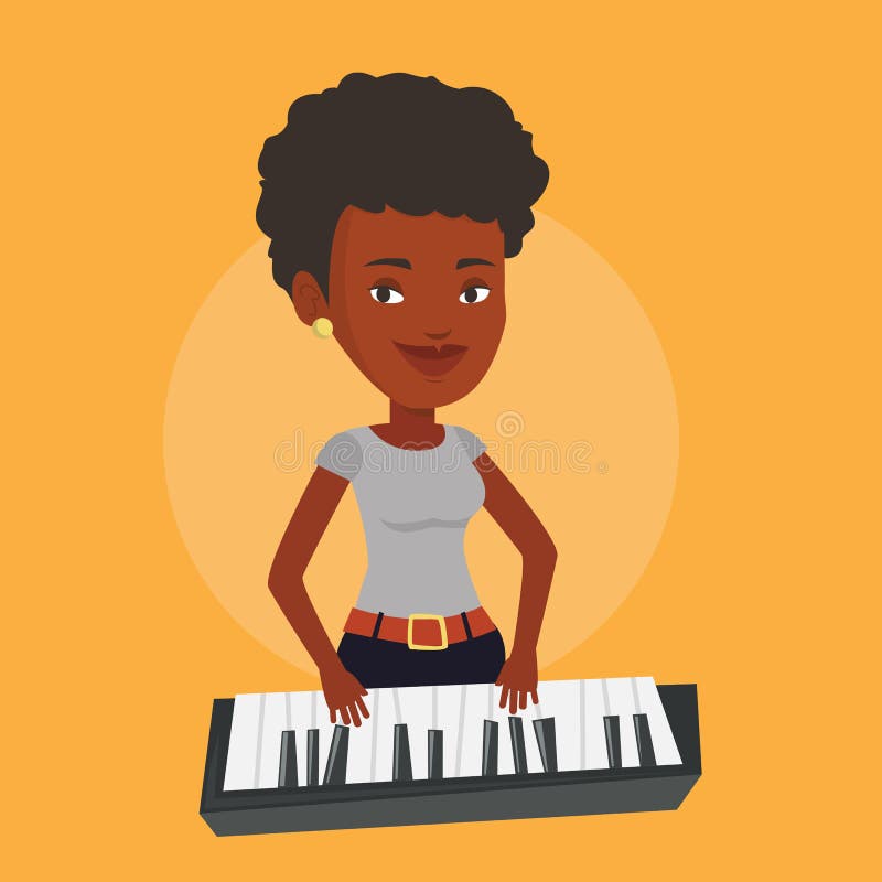 An african-american female pianist playing on synthesizer. Young smiling musician playing piano. Pianist playing upright piano. Vector flat design illustration. Square layout. An african-american female pianist playing on synthesizer. Young smiling musician playing piano. Pianist playing upright piano. Vector flat design illustration. Square layout.