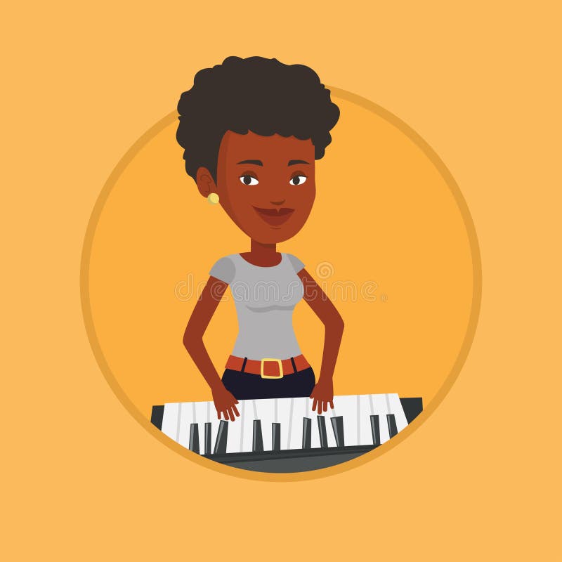 African-american female pianist playing on synthesizer. Young smiling musician playing piano. Pianist playing upright piano. Vector flat design illustration in the circle isolated on background. African-american female pianist playing on synthesizer. Young smiling musician playing piano. Pianist playing upright piano. Vector flat design illustration in the circle isolated on background.