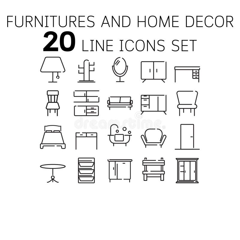 Vectorillustratie van dunne lijnpictogrammen voor Furnitures en Decor vector illustratie Vectorillustratie van dunne lijnpictogrammen voor Furnitures en Decor vector illustratie