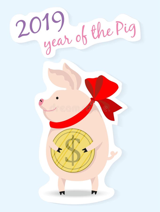 Vectorillustratie van een leuk varken die een dollarmuntstuk, symbool van nieuwe 2019, beeldverhaalontwerp houden stock illustratie Vectorillustratie van een leuk varken die een dollarmuntstuk, symbool van nieuwe 2019, beeldverhaalontwerp houden stock illustratie