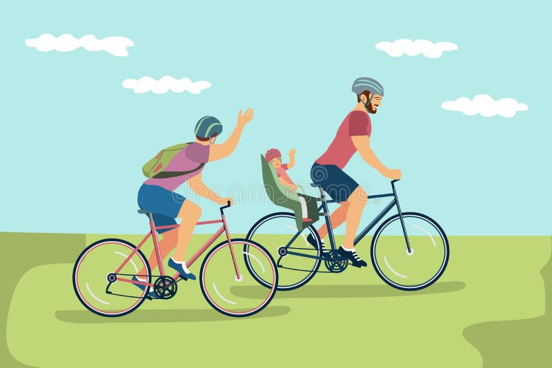Vectorillustratie van gelukkige zelfde-geslachtsfamilie in helmen die B berijden stock illustratie Vectorillustratie van gelukkige zelfde-geslachtsfamilie in helmen die B berijden stock illustratie